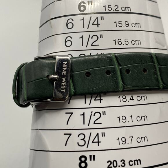 Nine West Silver Tone Square Dial Green Leather Band Watch Working New Battery - Picture 3 of 7